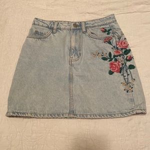 Floral Embroidered Denim Skirt